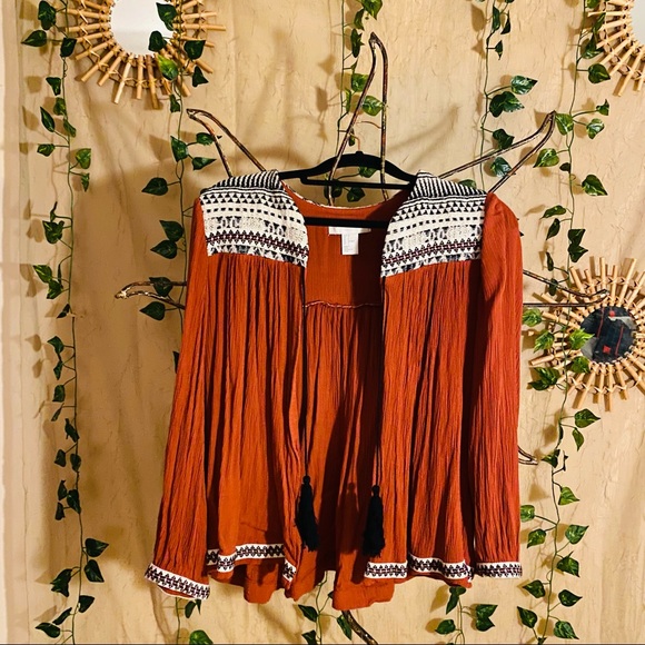 Bohemian Sunburnt Orange Pleated Boho Cardigan Tie Open Front - Picture 2 of 9